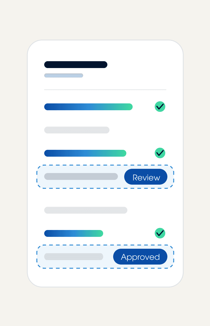 A document with checked lines, one flagged for review and one approved.
